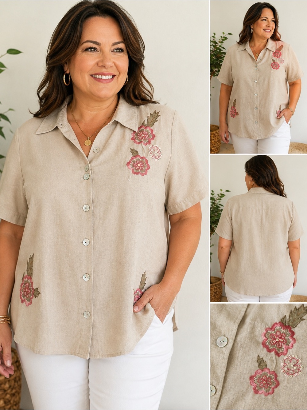 Dressbarn Vintage Linen Shirt Cream Pink Floral Embroidered Sequins Size 18W